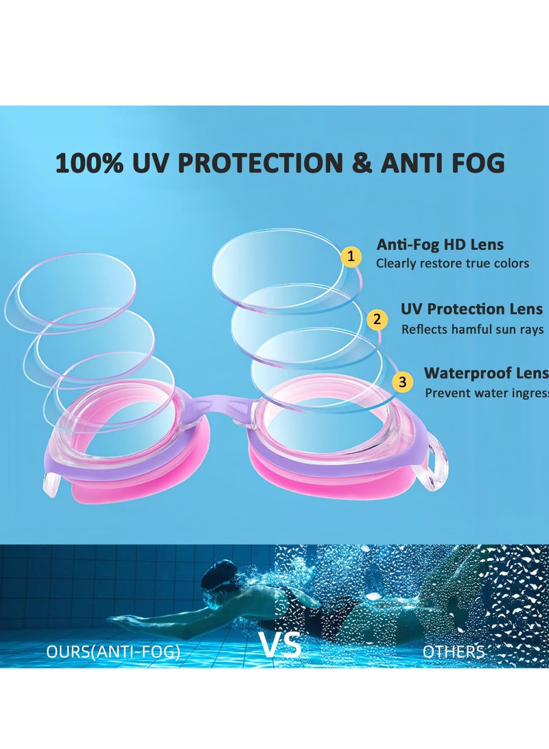 Excefore نظارات سباحة للأطفال، 2 قطعة من السيليكون الناعم مقاومة للضباب ومضادة للتسرب مع رؤية واضحة، حزام رأس قابل للتعديل ورؤية واسعة، عدسات حماية من الأشعة فوق البنفسجية بدون تسرب للأطفال من 3-15 سنة - Image 2