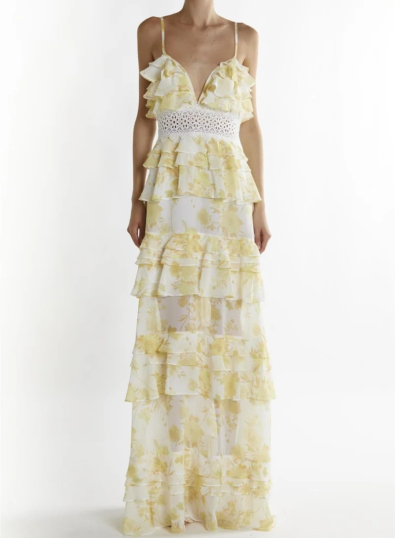 Yellow Watercolour-Floral Sophia Plunge Front Tiered Ruffle Maxi-Dress