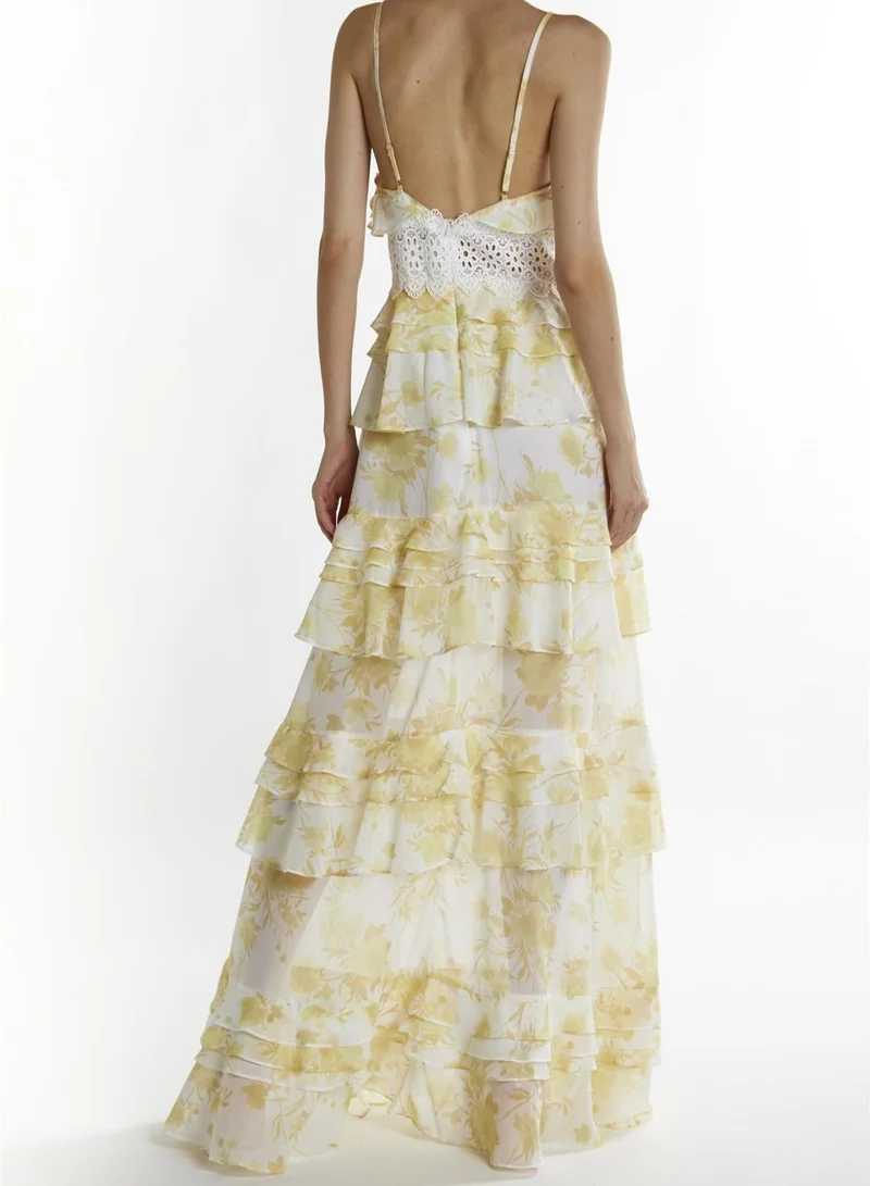 True Decadence Yellow Watercolour-Floral Sophia Plunge Front Tiered Ruffle Maxi-Dress