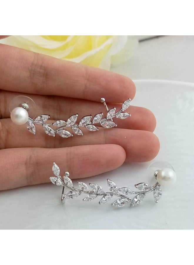 SELOVO Ear Cuff Cz Crystal Simulated Pearl For Pierced Ear Climber Wrap Earrings Silver Tone - Image 4