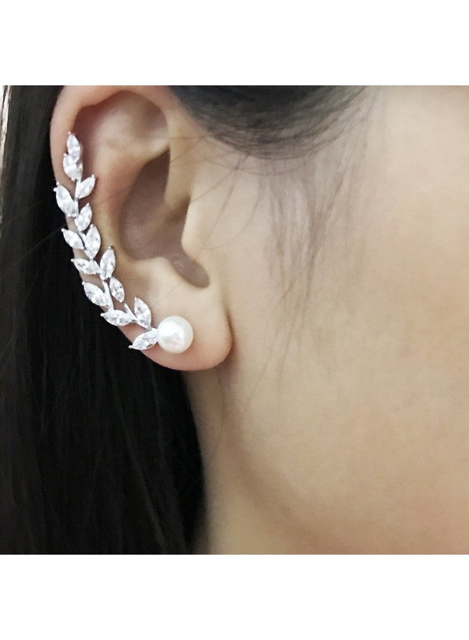 SELOVO Ear Cuff Cz Crystal Simulated Pearl For Pierced Ear Climber Wrap Earrings Silver Tone - Image 3