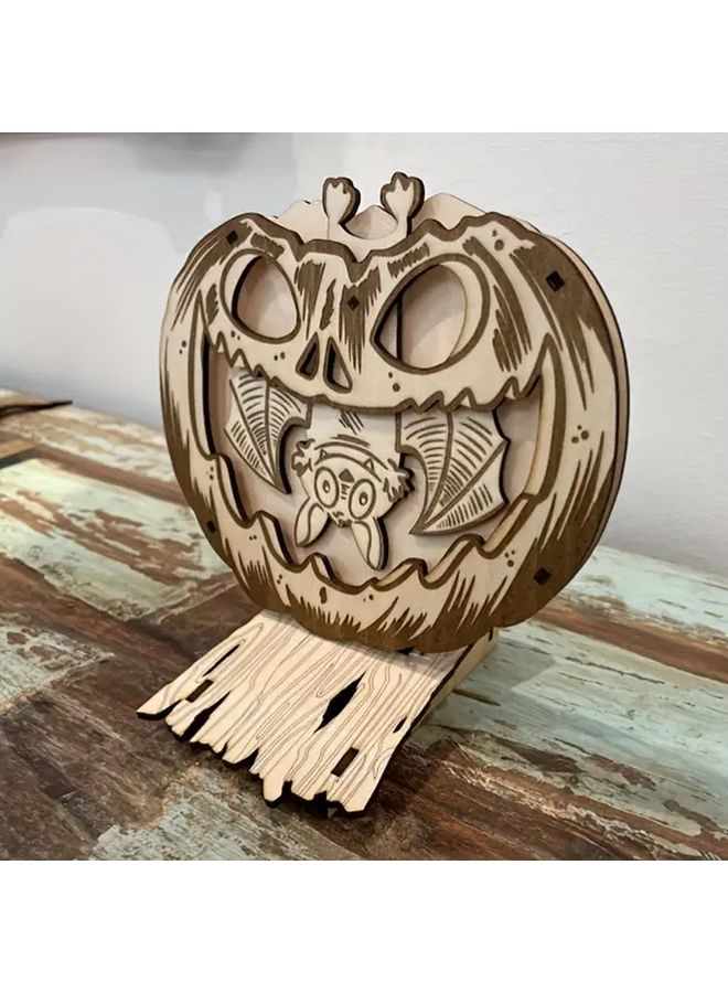 Halloween Wooden Pumpkin Bat Figurine With Glowing Eyes Tabletop Decor - Image 2