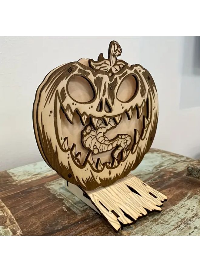 Halloween Wooden Pumpkin Bat Figurine With Glowing Eyes Tabletop Decor - Image 4