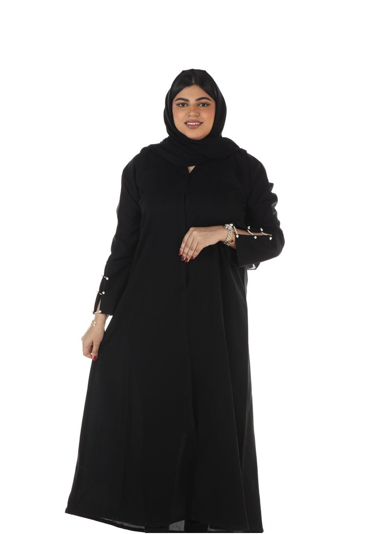 MyesuQ - Black Linen Wrap Abaya With Beaded Sleeves - Image 1
