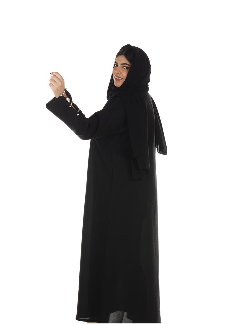 MyesuQ - Black Linen Wrap Abaya With Beaded Sleeves - Image 1