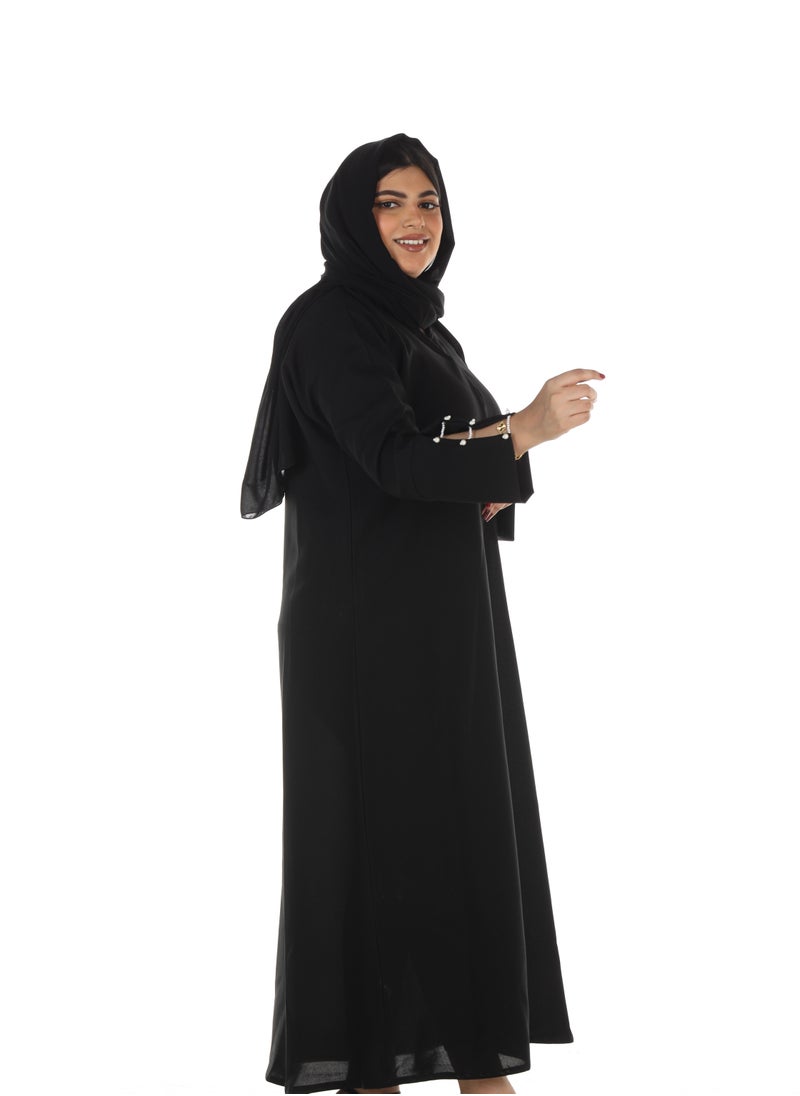 MyesuQ - Black Linen Wrap Abaya With Beaded Sleeves - Image 1