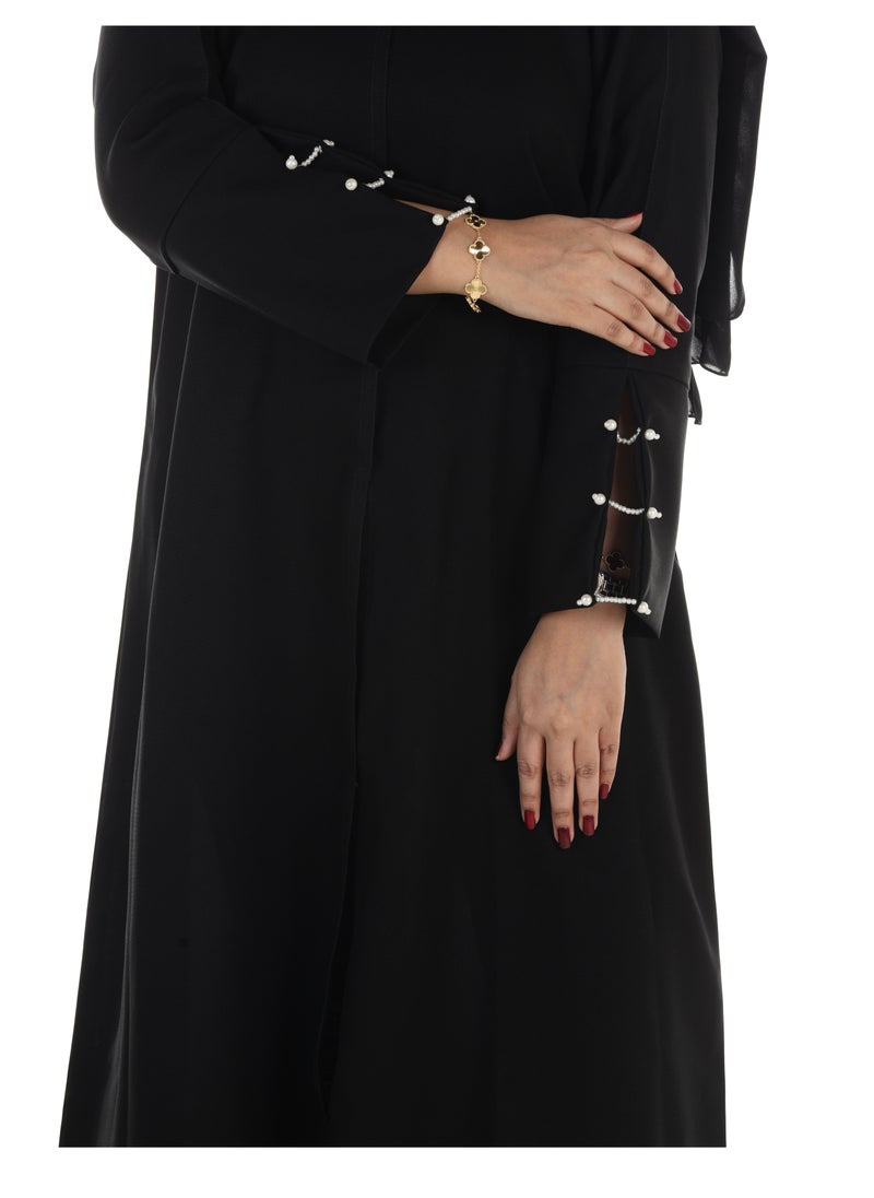 MyesuQ - Black Linen Wrap Abaya With Beaded Sleeves - Image 1