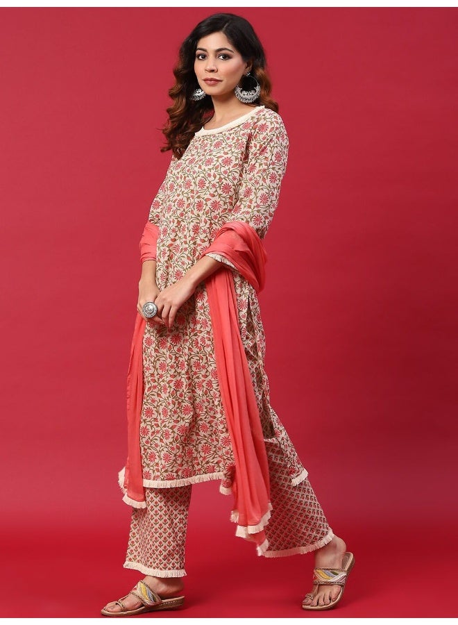 AKS Red Floral Printed Kurta & Palazzo With Dupatta Set - Image 4
