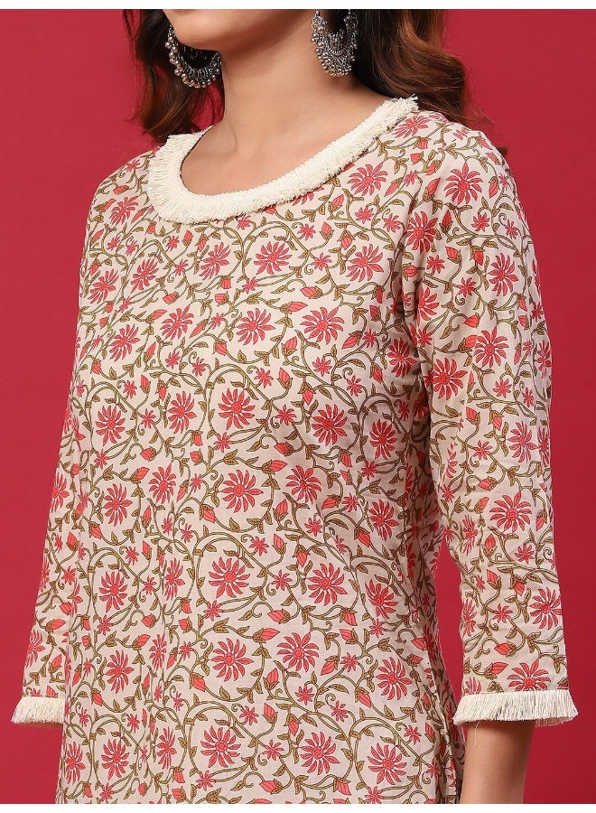 AKS Red Floral Printed Kurta & Palazzo With Dupatta Set - Image 2