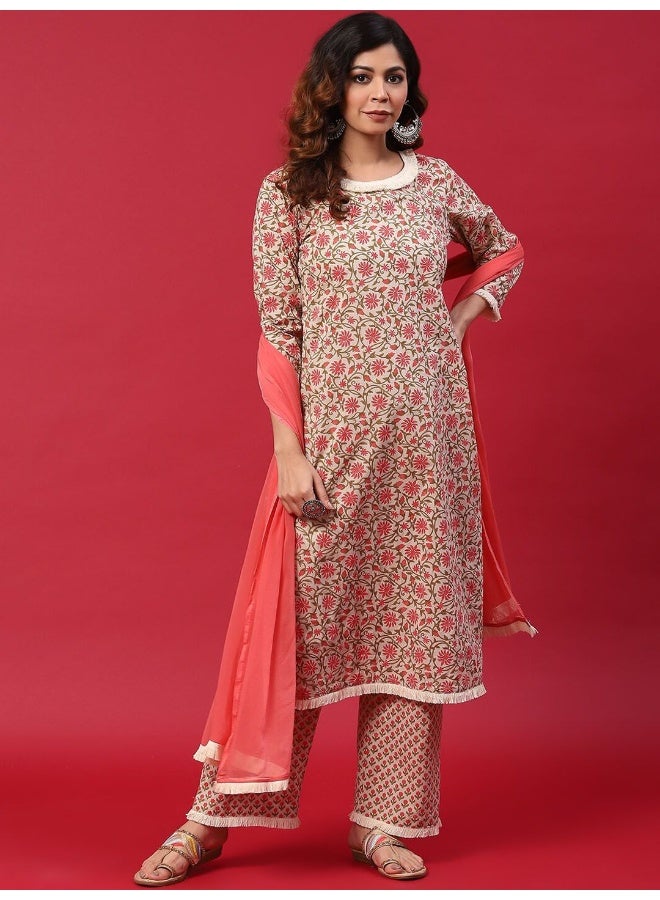 AKS Red Floral Printed Kurta & Palazzo With Dupatta Set - Image 1