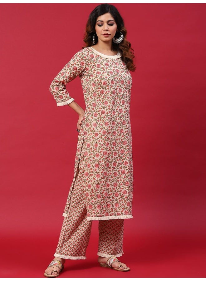 AKS Red Floral Printed Kurta & Palazzo With Dupatta Set - Image 5