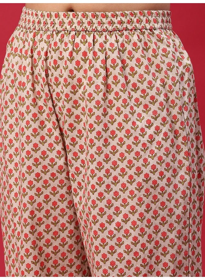 AKS Red Floral Printed Kurta & Palazzo With Dupatta Set - Image 3