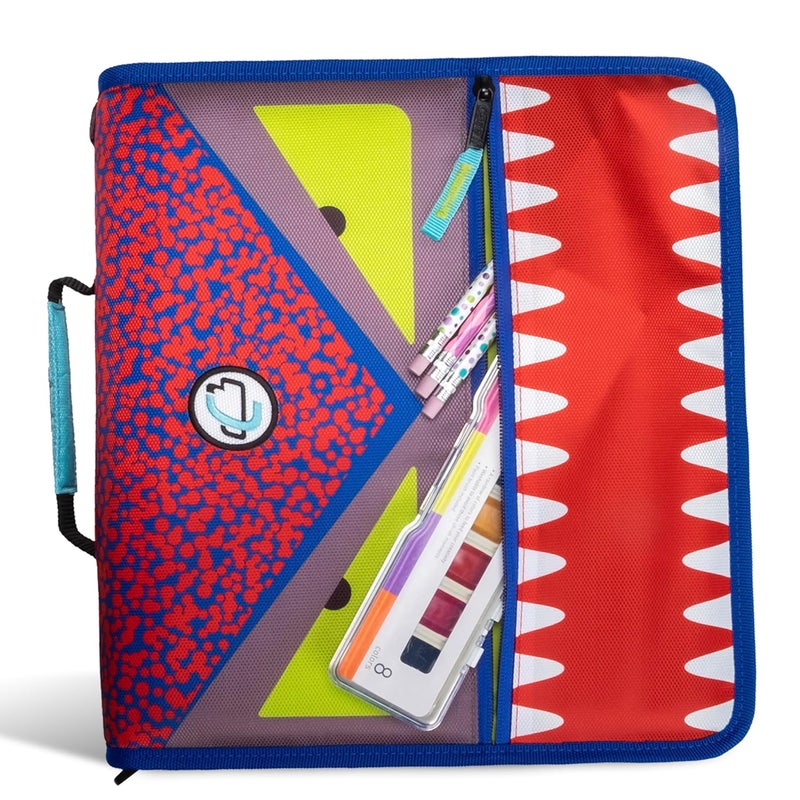Case it Case-it The Dual 2-in-1 Zipper Binder | Two 1.5-Inch D-Rings, 600 Sheet Capacity, Pencil Pouch & Multiple Pockets | School & Office Organizer with Shoulder Strap | Dual-101 Monster Design Red - Image 1