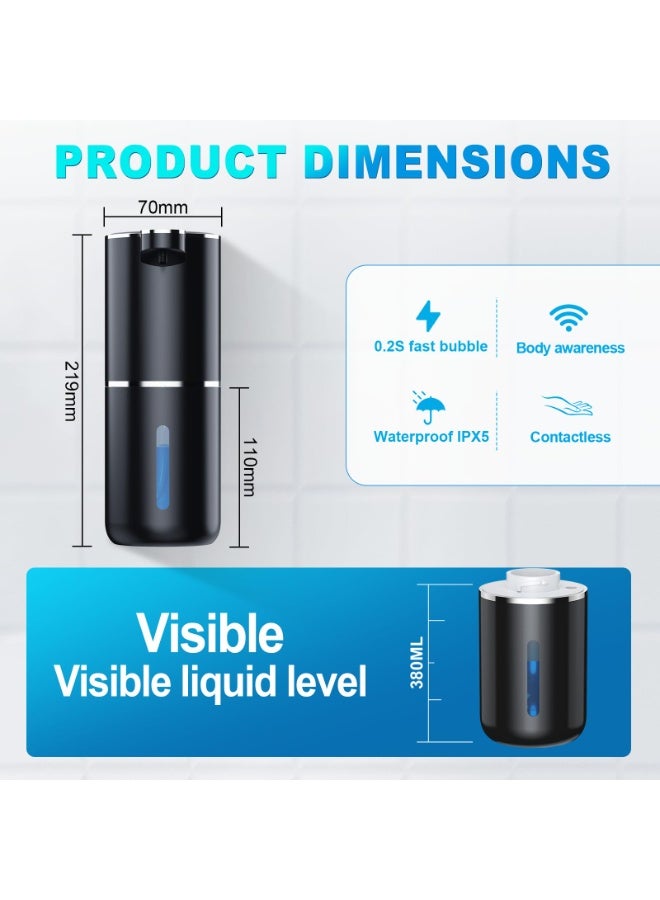 بواو موزع رغوة الصابون الأوتوماتيكي بواو موزع صابون أوتوماتيكي برغوة، موزع صابون كهربائي قابل للتعديل بدون لمس سعة 380 مل، موزع صابون كهربائي قابل للتعديل بدون لمس 4 تروس، قابل لإعادة الشحن بواسطة USB مع مستشعر حركة بالأشعة تحت الحمراء للحمام والمطبخ والمكتب - Image 2