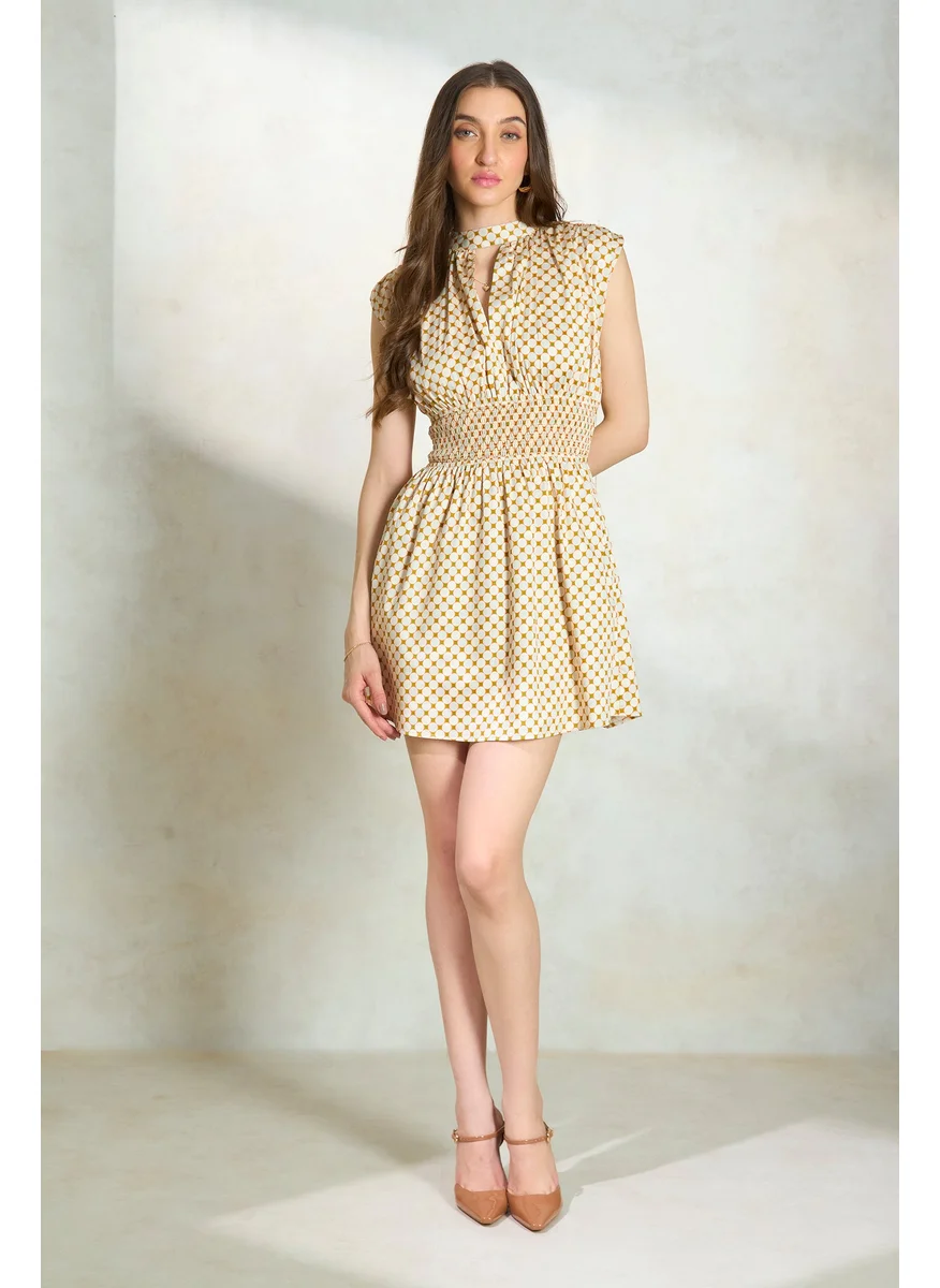Virgio Virgio Geometric Printed Keyhole Neck Cap Sleeve Smocked Cotton Fit & Flare Dress