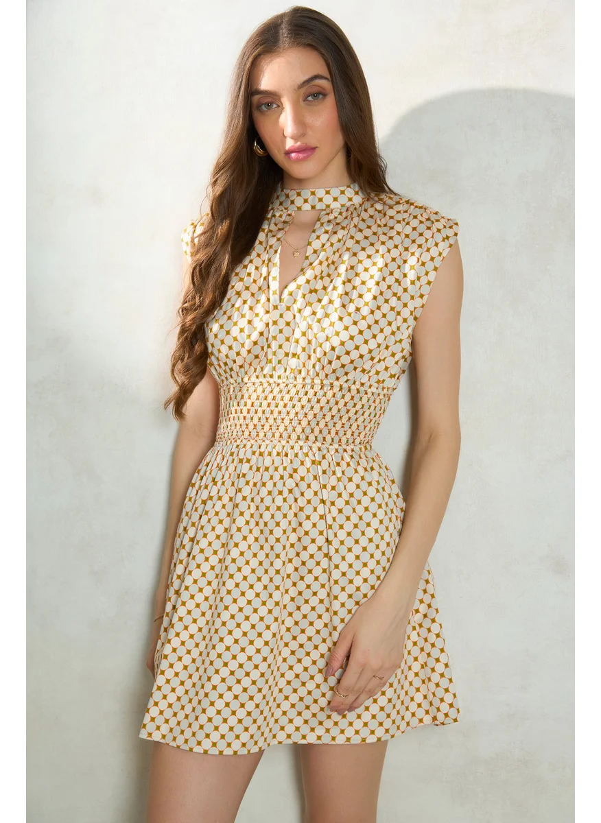 Virgio Virgio Geometric Printed Keyhole Neck Cap Sleeve Smocked Cotton Fit & Flare Dress