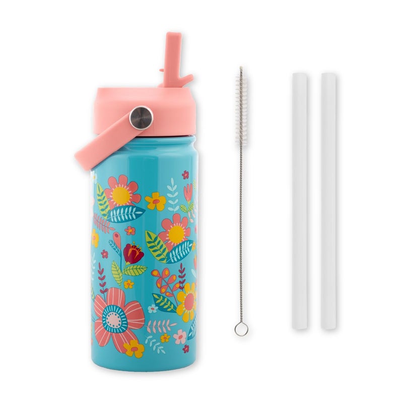 Stephen Joseph 14oz Insulated Stainless Steel Water Bottle with Straw and Handle for Sports Travel and School BPAFree Sports Water Bottle Turquoise Floral