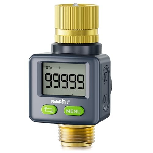RAINPOINT Water Flow Meter with Brass Inlet & Outlet, 180° Screen-Flip Water Meter, Measure Gallon/Liter Consumption for RV Filling, Garden Watering, Sprinkler and Hoze Nozzle - Image 1