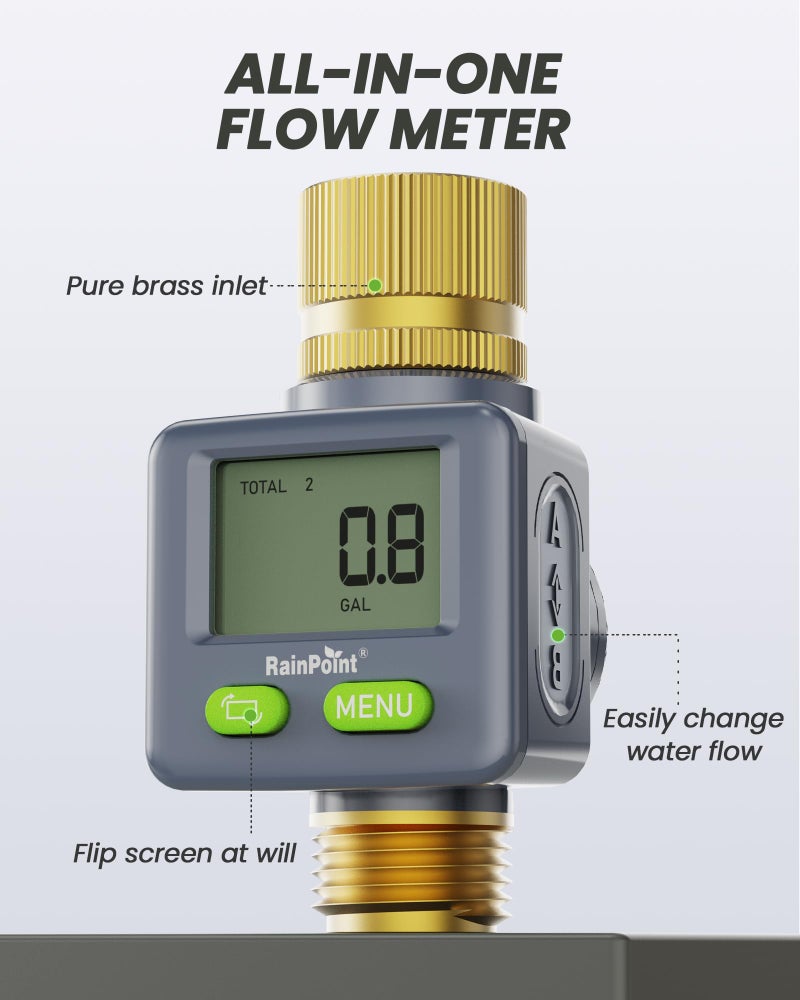 RAINPOINT Water Flow Meter with Brass Inlet & Outlet, 180° Screen-Flip Water Meter, Measure Gallon/Liter Consumption for RV Filling, Garden Watering, Sprinkler and Hoze Nozzle - Image 2