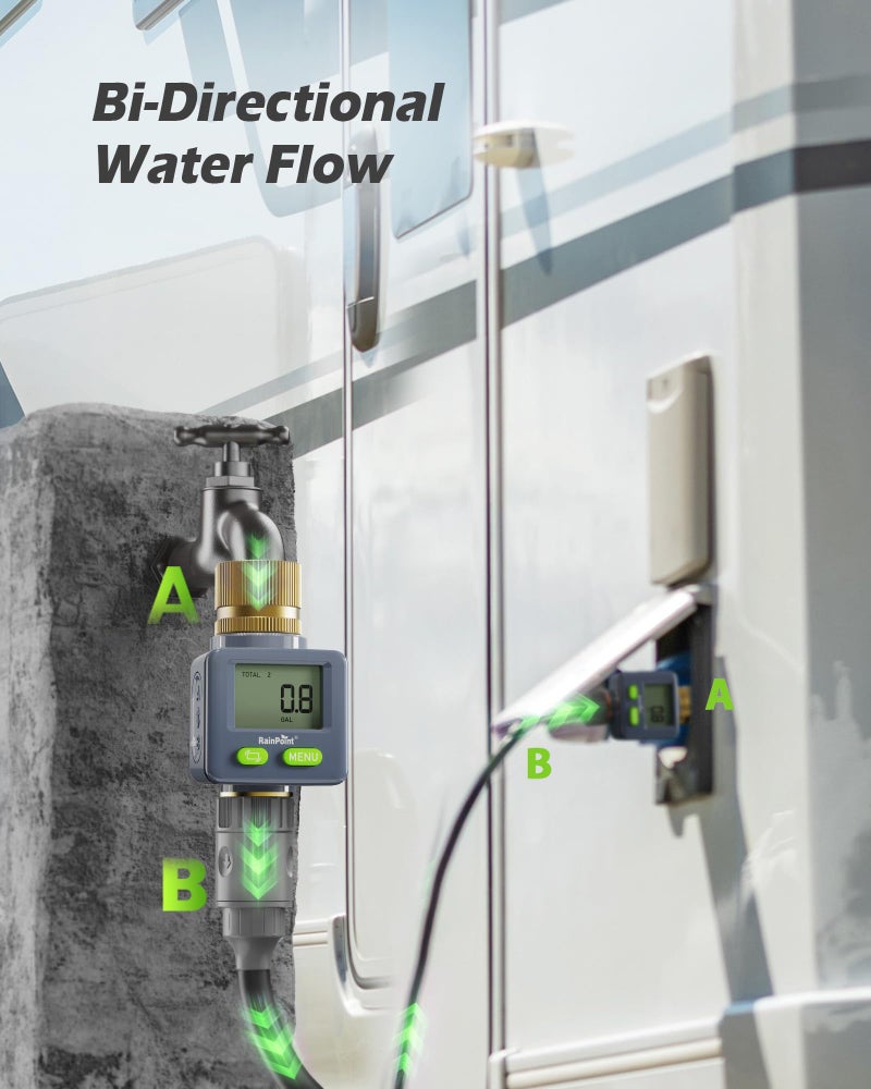 RAINPOINT Water Flow Meter with Brass Inlet & Outlet, 180° Screen-Flip Water Meter, Measure Gallon/Liter Consumption for RV Filling, Garden Watering, Sprinkler and Hoze Nozzle - Image 3