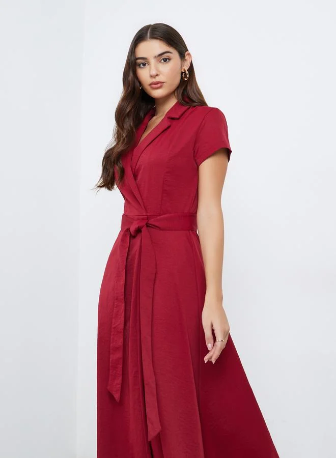 Styli Styli Red Solid Short Sleeves Wrap Maxi Dress