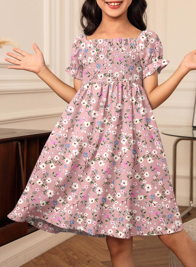 blibean Girls Summer Dresses Tween Kids Boho Clothes Floral Dress Toddler Flower Short Sleeve School Clothing Vestidos NiÃ±as Size 4-5 Years (4T-5T) Red - Image 5