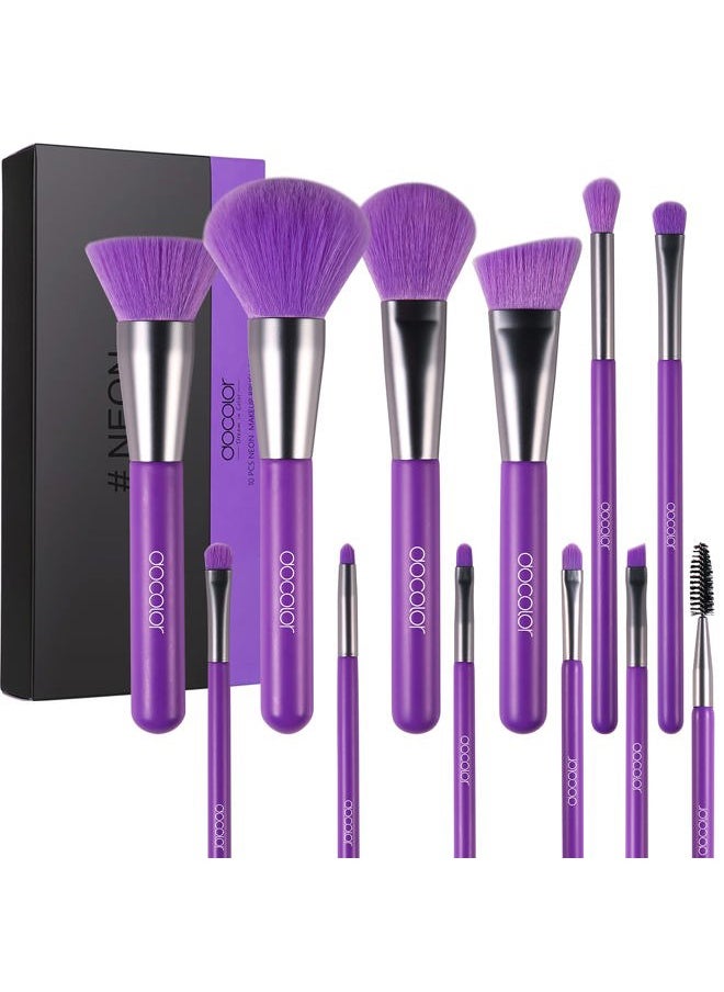 docolor - Docolor Makeup Brushes 10Pcs Makeup Brush Set Premium Synthetic Powder Kabuki Foundation Contour Blush Concealer Eye Shadow Blending Liner Make Up Brush Kit - Neon Purple - Image 1