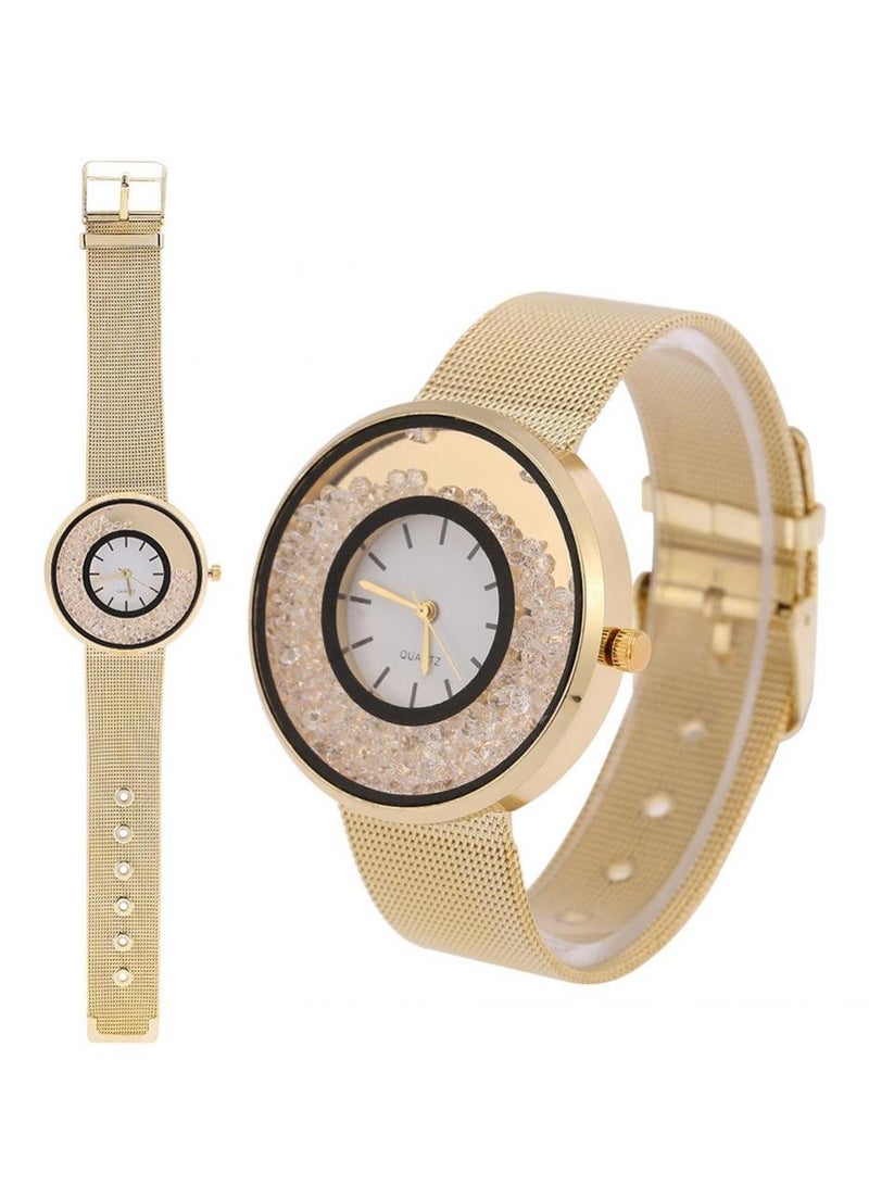KASTWAVE ساعات كوارتز تناظرية ساعة معصم مستديرة حزام سبيكة قرص مرصع بالأحجار الكريمة ساعة معصم فاخرة ساعات كوارتز مرصعة بالأحجار الكريمة متلألئة للنساء (ذهبي) - Image 1