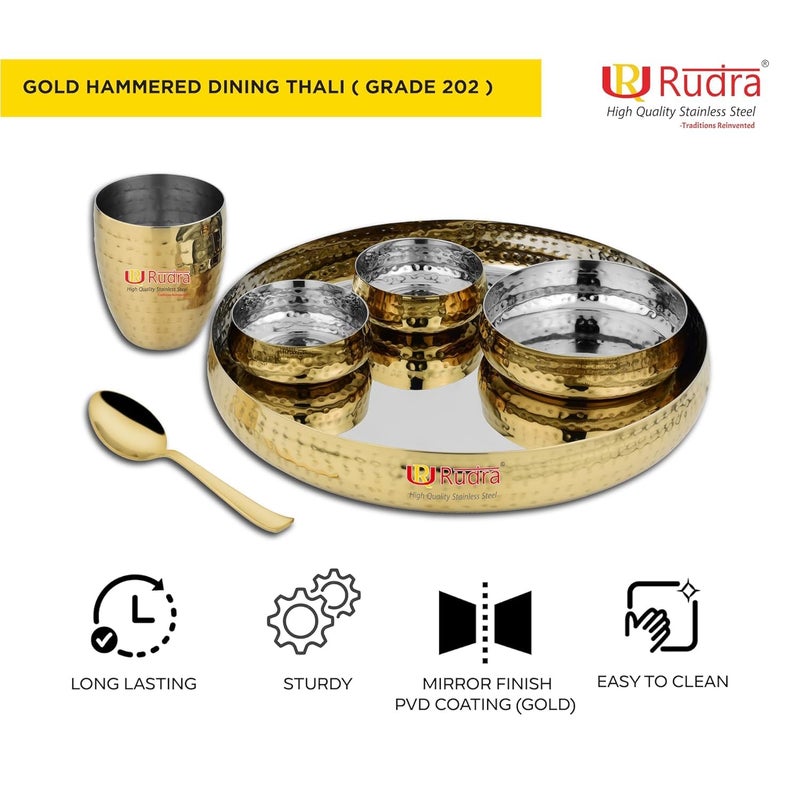 RUDRA Stainless Steel 6-Piece Gold Hammered Dinner Thali Set | Grade 202-2 | Perfect for Gifting, Home, Restaurants, Family | 15" Deluxe | Durable, Elegant, and Timeless - Image 2