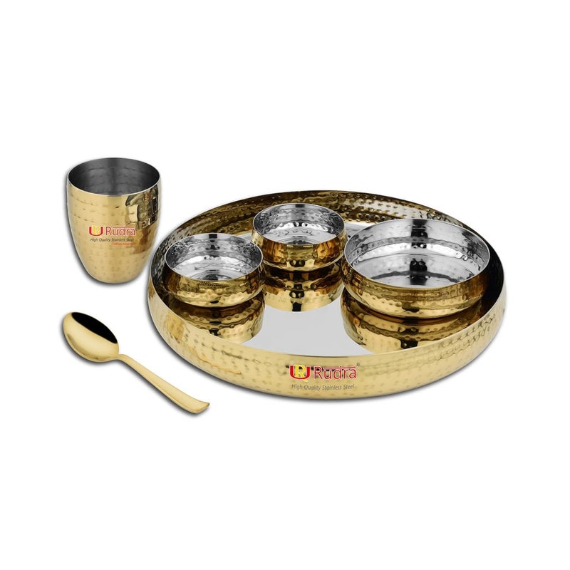 RUDRA Stainless Steel 6-Piece Gold Hammered Dinner Thali Set | Grade 202-2 | Perfect for Gifting, Home, Restaurants, Family | 15" Deluxe | Durable, Elegant, and Timeless - Image 1