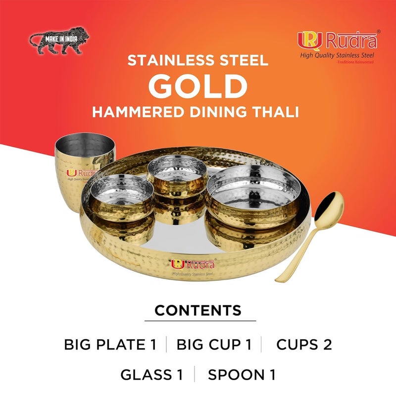 RUDRA Stainless Steel 6-Piece Gold Hammered Dinner Thali Set | Grade 202-2 | Perfect for Gifting, Home, Restaurants, Family | 15" Deluxe | Durable, Elegant, and Timeless - Image 4