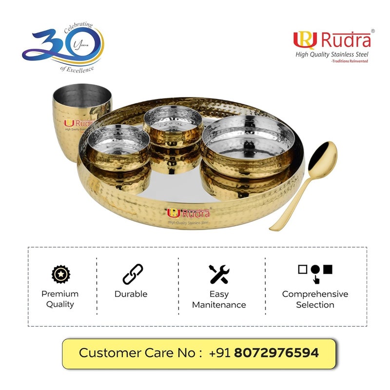 RUDRA Stainless Steel 6-Piece Gold Hammered Dinner Thali Set | Grade 202-2 | Perfect for Gifting, Home, Restaurants, Family | 15" Deluxe | Durable, Elegant, and Timeless - Image 3