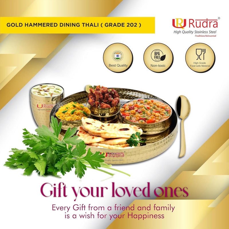 RUDRA Stainless Steel 6-Piece Gold Hammered Dinner Thali Set | Grade 202-2 | Perfect for Gifting, Home, Restaurants, Family | 15" Deluxe | Durable, Elegant, and Timeless - Image 5
