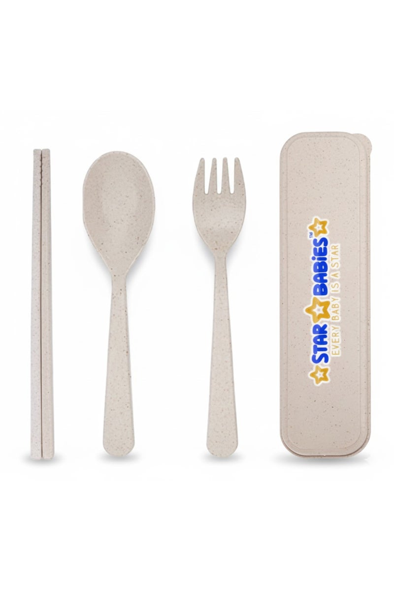 Star Babies - Organic Spoon, Fork & Chopsticks Set - Cream - Image 1