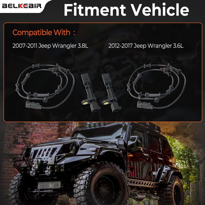 BELKEBIR 4PCS ABS Wheel Speed Sensor Front & Rear, Left & Right Compatible with 2007-2011 Jeep Wrangler 3.8L, 2012-2017 Jeep Wrangler 3.6L Replace 68003281AA, 68003281AB, 52125003AD, 52125003AB, 52125003AC - Image 2