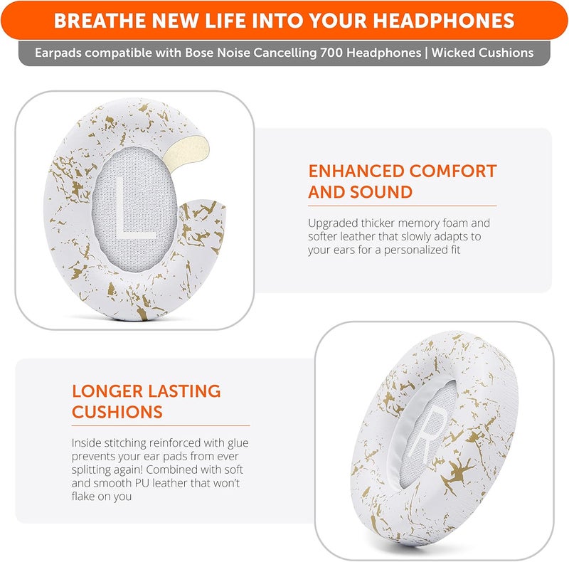 WC Wicked Cushions Upgraded Replacement Ear Pads for Bose 700 Noise Cancelling Headphones (NC700) - Softer PU Leather, Luxurious Memory Foam, Added Thickness, Extra Durable Ear Cushions |(Gold Marble) - Image 4