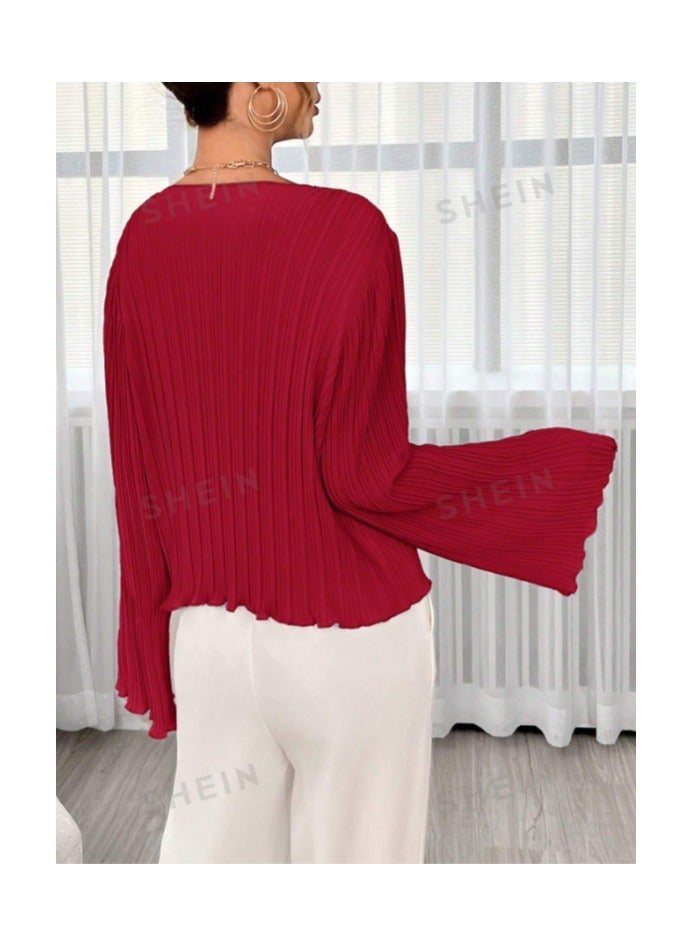 بونكا بلوزة مطوية بأكمام واسعة للنساء - Image 2