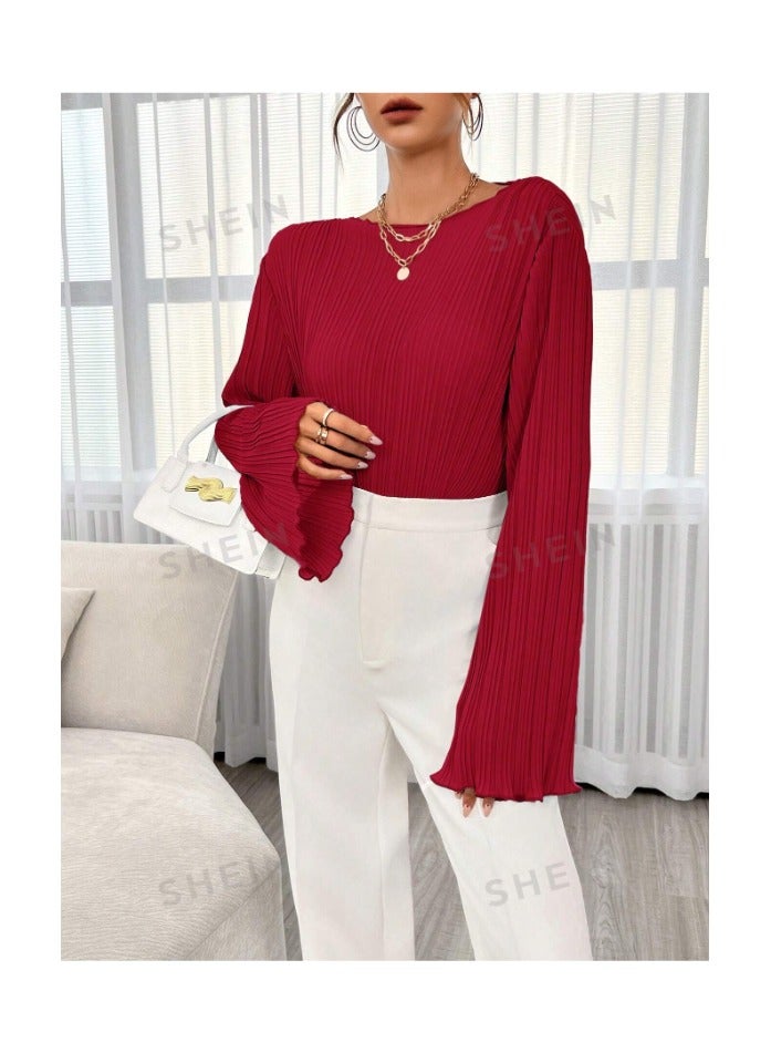 بونكا بلوزة مطوية بأكمام واسعة للنساء - Image 3