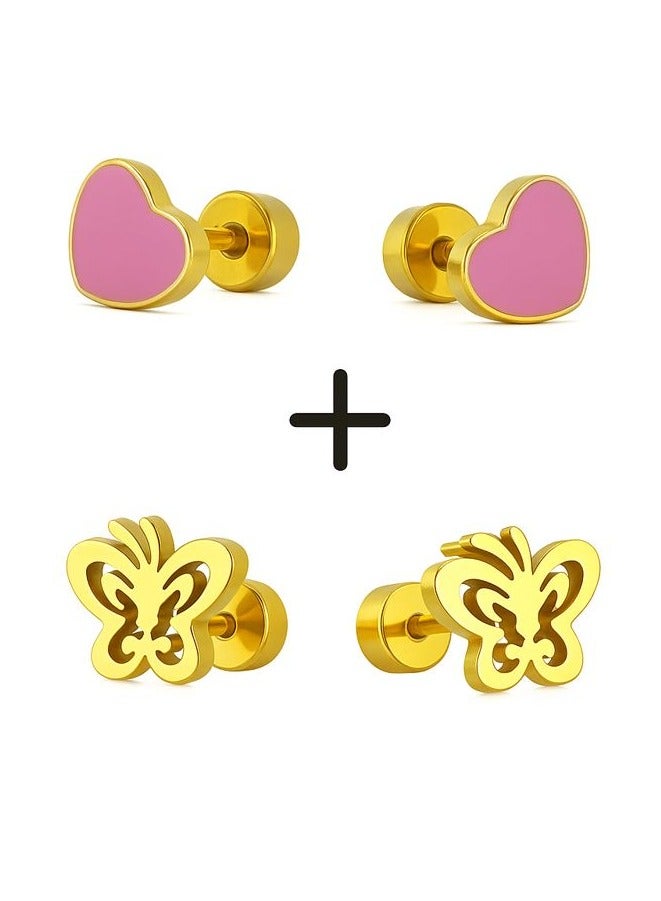 Earss Gold Stud Earrings For Kids, Stainless Steel, Hypo Allergenic | Gold Plated Bundle (2 sets) - Image 1