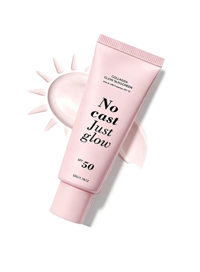 EELHOE No Cast Just Glow Collagen Sunscreen，SPF 50 Broad Spectrum Face Sunscreen ，Lightweight, Non-Sticky, Hydrating Formula ， No White Cast or Residue，Peptide, Cica for Soothing & Natural Glow (1pc) - Image 1