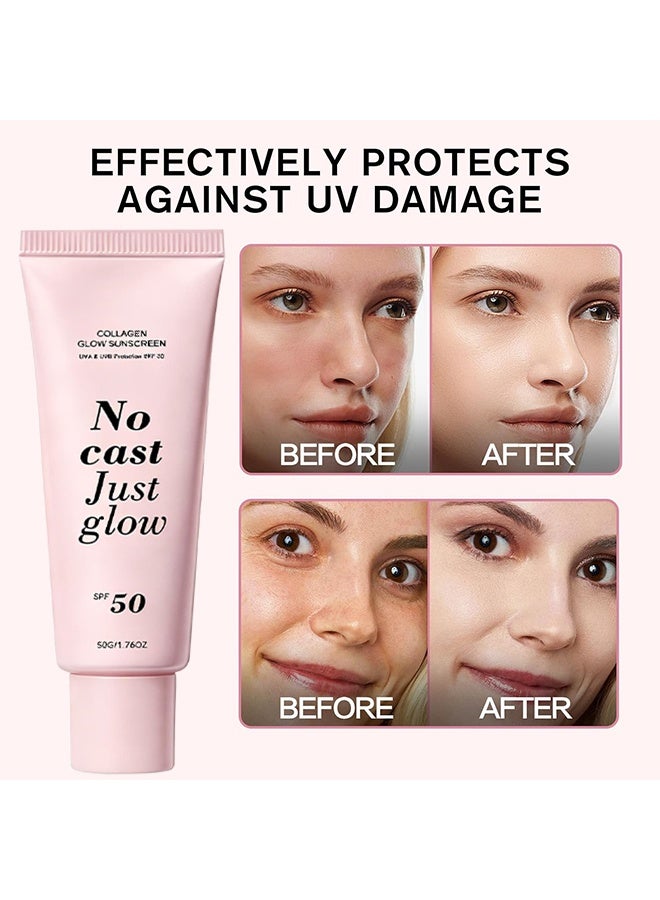 EELHOE No Cast Just Glow Collagen Sunscreen，SPF 50 Broad Spectrum Face Sunscreen ，Lightweight, Non-Sticky, Hydrating Formula ， No White Cast or Residue，Peptide, Cica for Soothing & Natural Glow (1pc) - Image 3