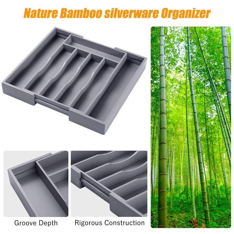 Bellsal Kitchen Silverware Drawer Organizer and Storage Bamboo Wood Cooking Utensil Holder Cutlery Knife Jewelry Spice Rack Spoon Fork Multi Cabinet Organization Bathroom Counter Expandable Adjustable Tray - Image 4