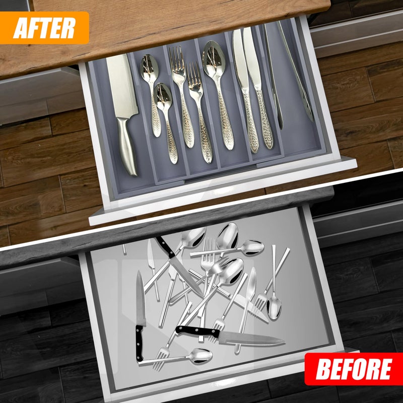 Bellsal Kitchen Silverware Drawer Organizer and Storage Bamboo Wood Cooking Utensil Holder Cutlery Knife Jewelry Spice Rack Spoon Fork Multi Cabinet Organization Bathroom Counter Expandable Adjustable Tray - Image 3