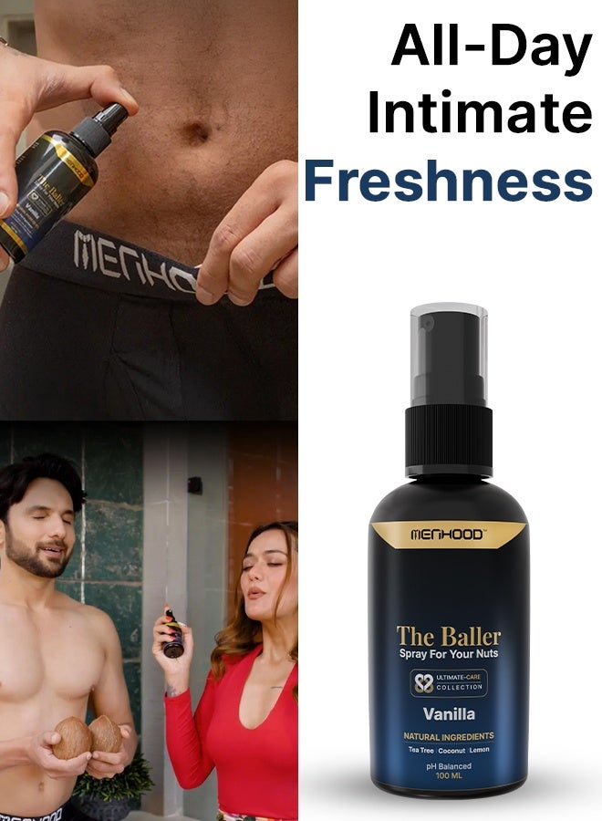 Menhood The Baller- Fresh Spray for Men Private Parts | Intimate Perfume | All Day Fresh| Prevents Itching, Sweating and Irritation Down There | 100 ML (Fragrance - Vanilla)