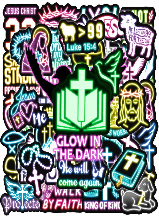 Robmoda 50 Pcs Glow in The Dark Neon Christ Bible Water Bottle Stickers for Kids, Jesus Christian Faith Vinyl Waterproof Laptop Decals, Religious Christianity DIY Decor - Image 1