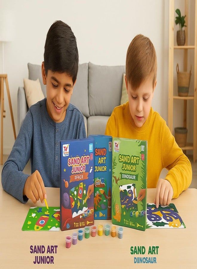 Fun4you Sand Art Junior Space & Dinosaur Craft Kit, DIY Creative Activity Set with 6 Colours, 3 Project Sheets - Image 4