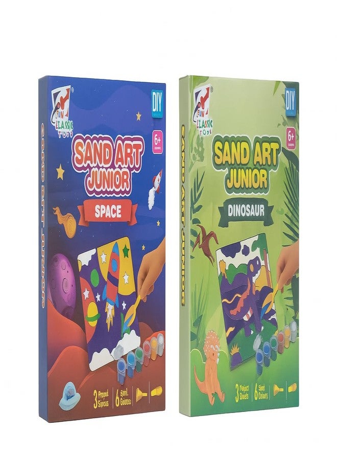 Fun4you Sand Art Junior Space & Dinosaur Craft Kit, DIY Creative Activity Set with 6 Colours, 3 Project Sheets - Image 1