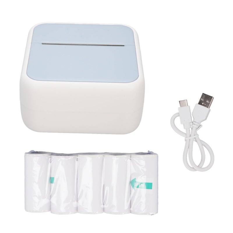 طابعة ملصقات حرارية محمولة بدون حبر مع 5 لفائف ورق آلة طباعة ملصقات الباركود بلوتوث باللون الأزرق - Image 2