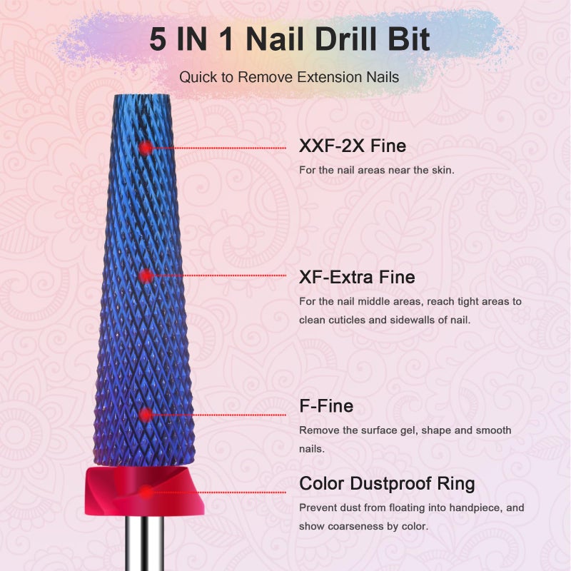 Depvko Super Long 5 in 1 Nail Drill Bits, 3/32'' Carbide Tungsten Bits, Two Way Rotate Professional Advanced Safety Bits for Nail, Fast Remove for Manicure Pedicure (Long 5in1-Purple, Fine-F) - Image 4
