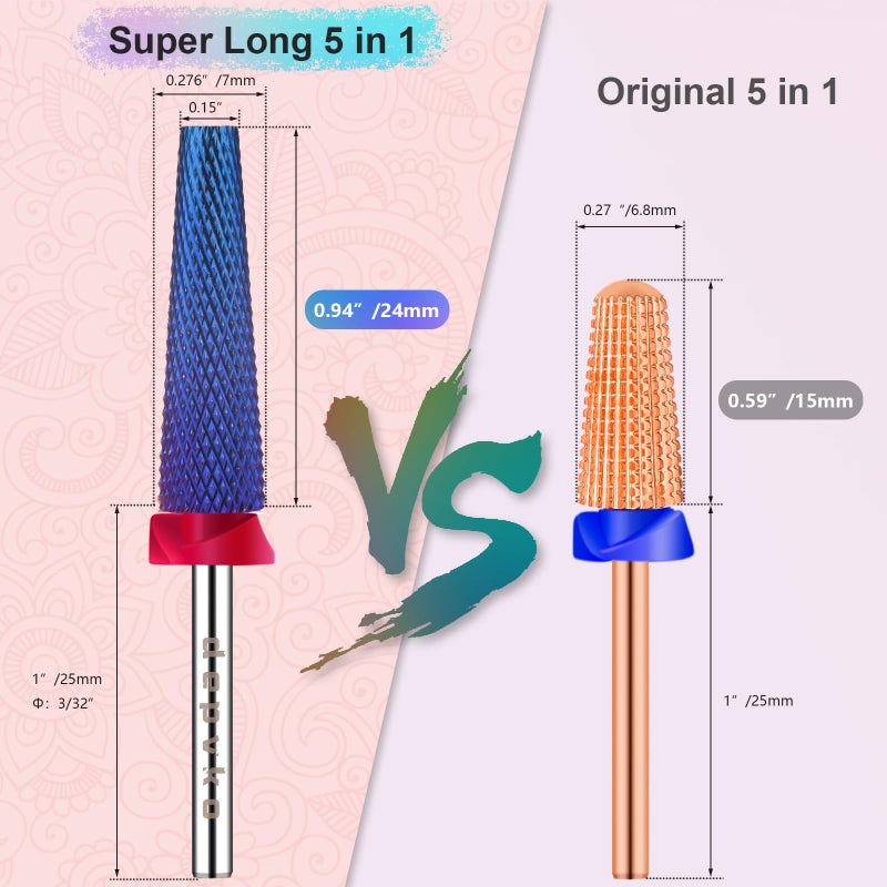 Depvko Super Long 5 in 1 Nail Drill Bits, 3/32'' Carbide Tungsten Bits, Two Way Rotate Professional Advanced Safety Bits for Nail, Fast Remove for Manicure Pedicure (Long 5in1-Purple, Fine-F) - Image 3